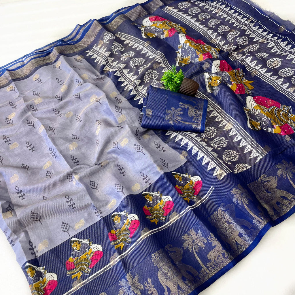 Elegant Two-Tone Floral Moss Mellow Saree with Jacquard Border & Designer Blouse - BLUE