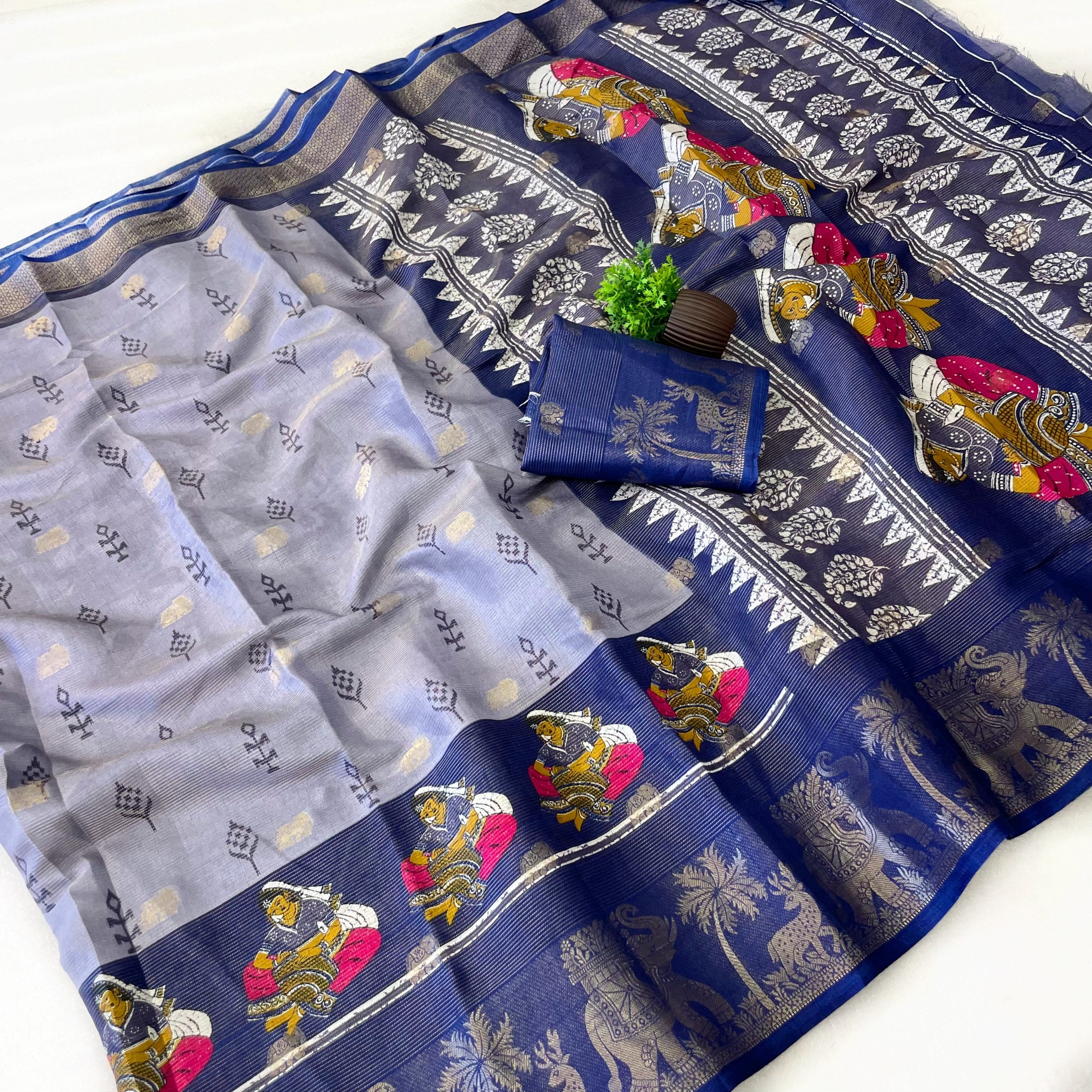 Elegant Two-Tone Floral Moss Mellow Saree with Jacquard Border & Designer Blouse - BLUE