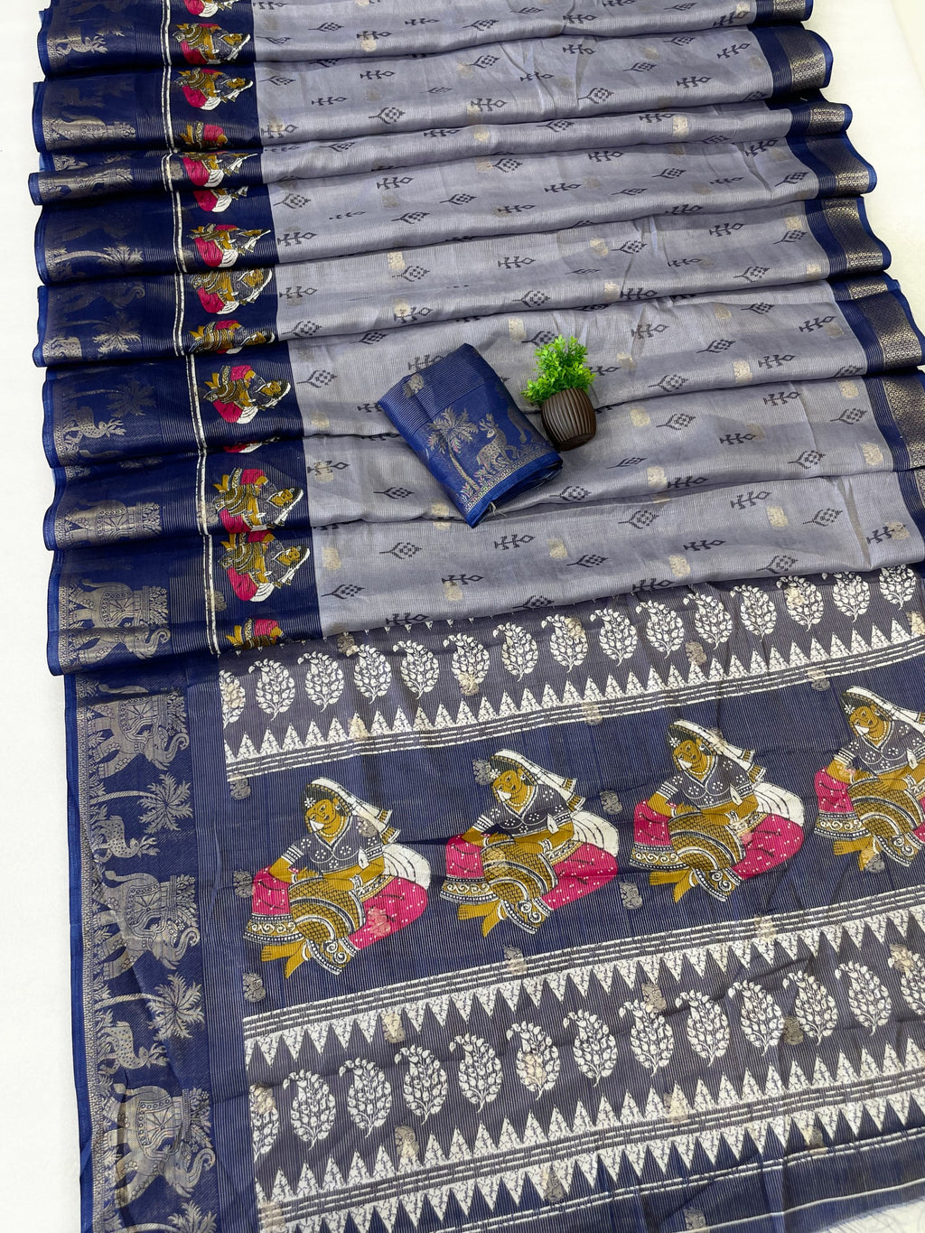 Elegant Two-Tone Floral Moss Mellow Saree with Jacquard Border & Designer Blouse - BLUE
