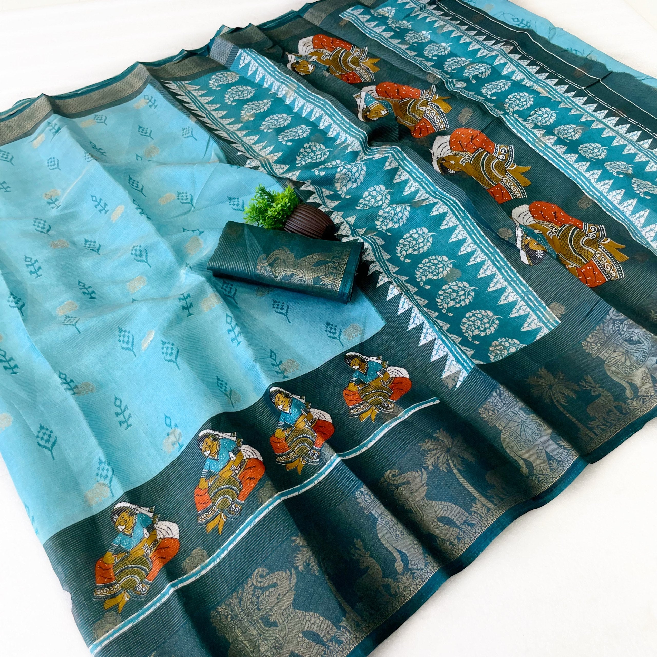 Elegant Two-Tone Floral Moss Mellow Saree with Jacquard Border & Designer Blouse - SKY