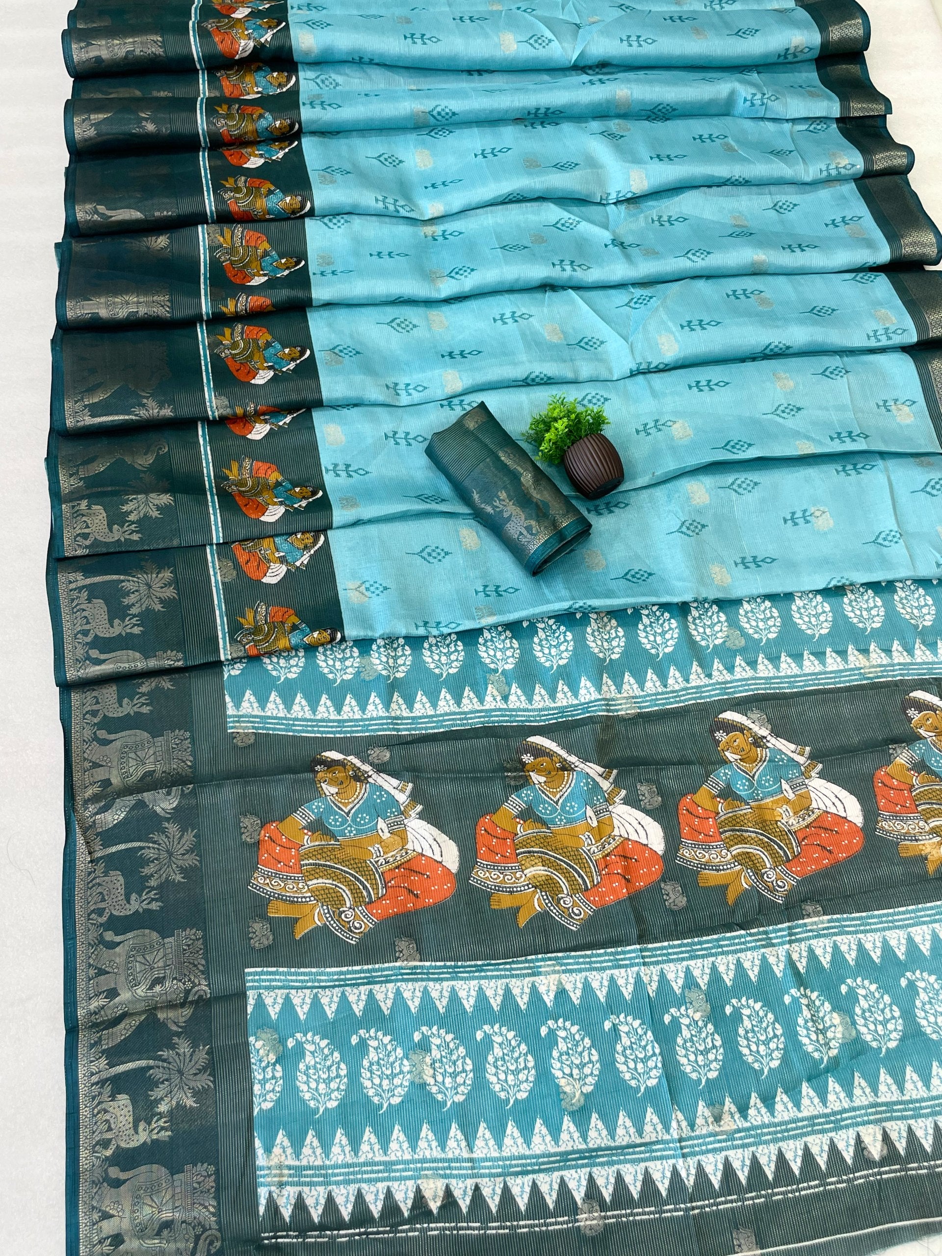 Elegant Two-Tone Floral Moss Mellow Saree with Jacquard Border & Designer Blouse - SKY