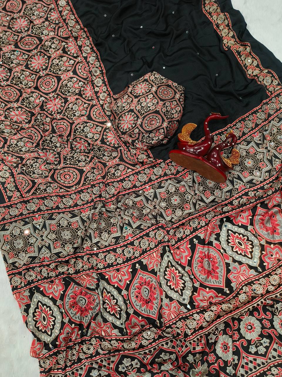 Heritage Ajrakh Glam Saree- BLACK