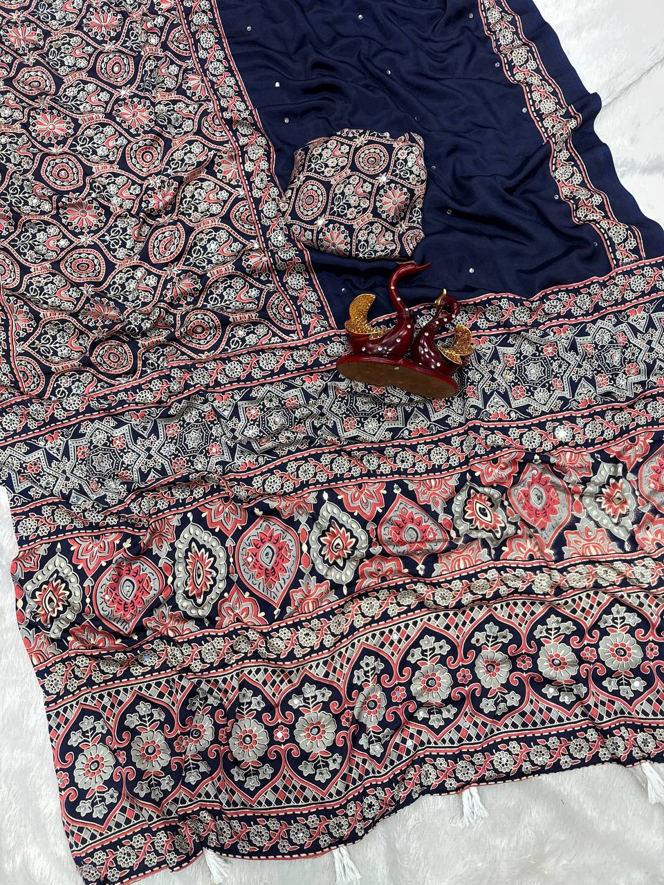 Heritage Ajrakh Glam Saree- NAVY BLUE