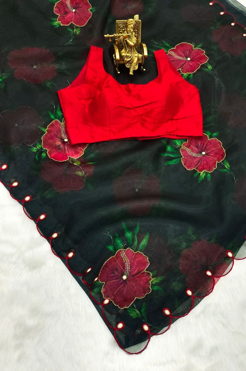 Digital print with handwork (Khatli) work Digital printed saree.