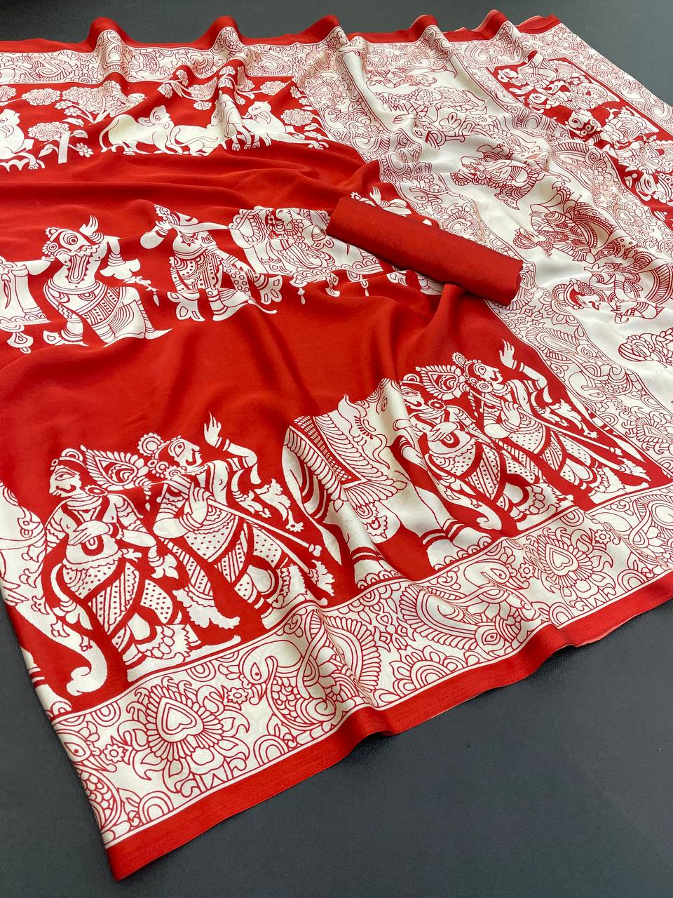 Kalamkari Printed Satin Saree
