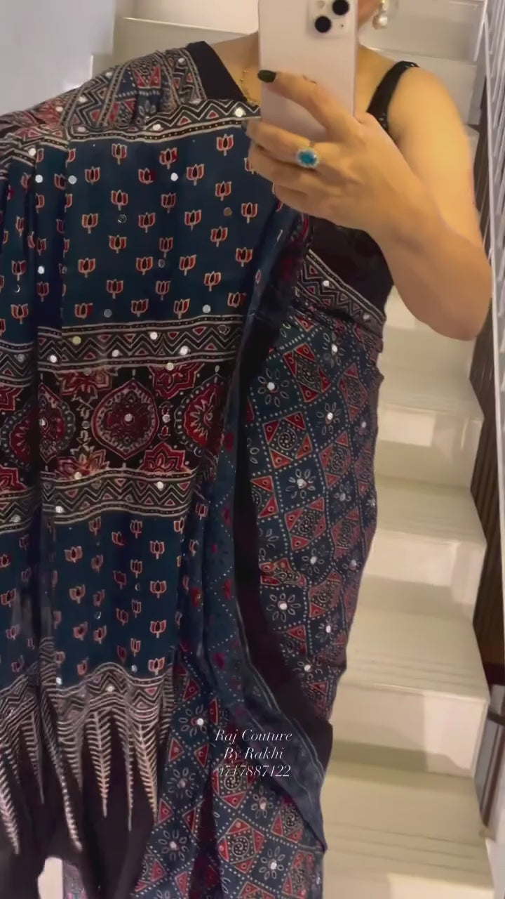 Aarohi ajrakh Satin Saree- BLUE