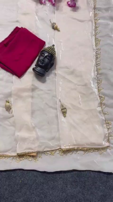 Elegant Fandy Satin Saree with Crystal Moti Lace & Handwork Latkan – Designer Party Wear