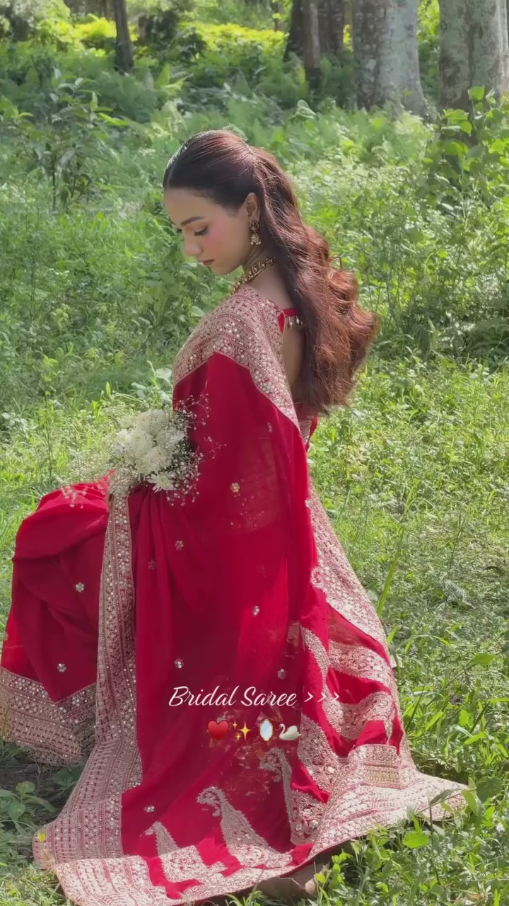 Premium Red Embroidered Saree with Traditional Zari Border & Matching Designer Blouse