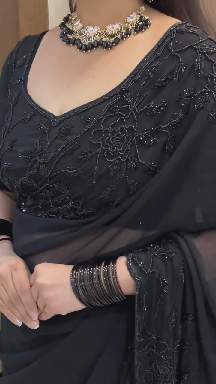 Designer Pure Fox Georgette Saree with Black Beads Work & Cutwork Border