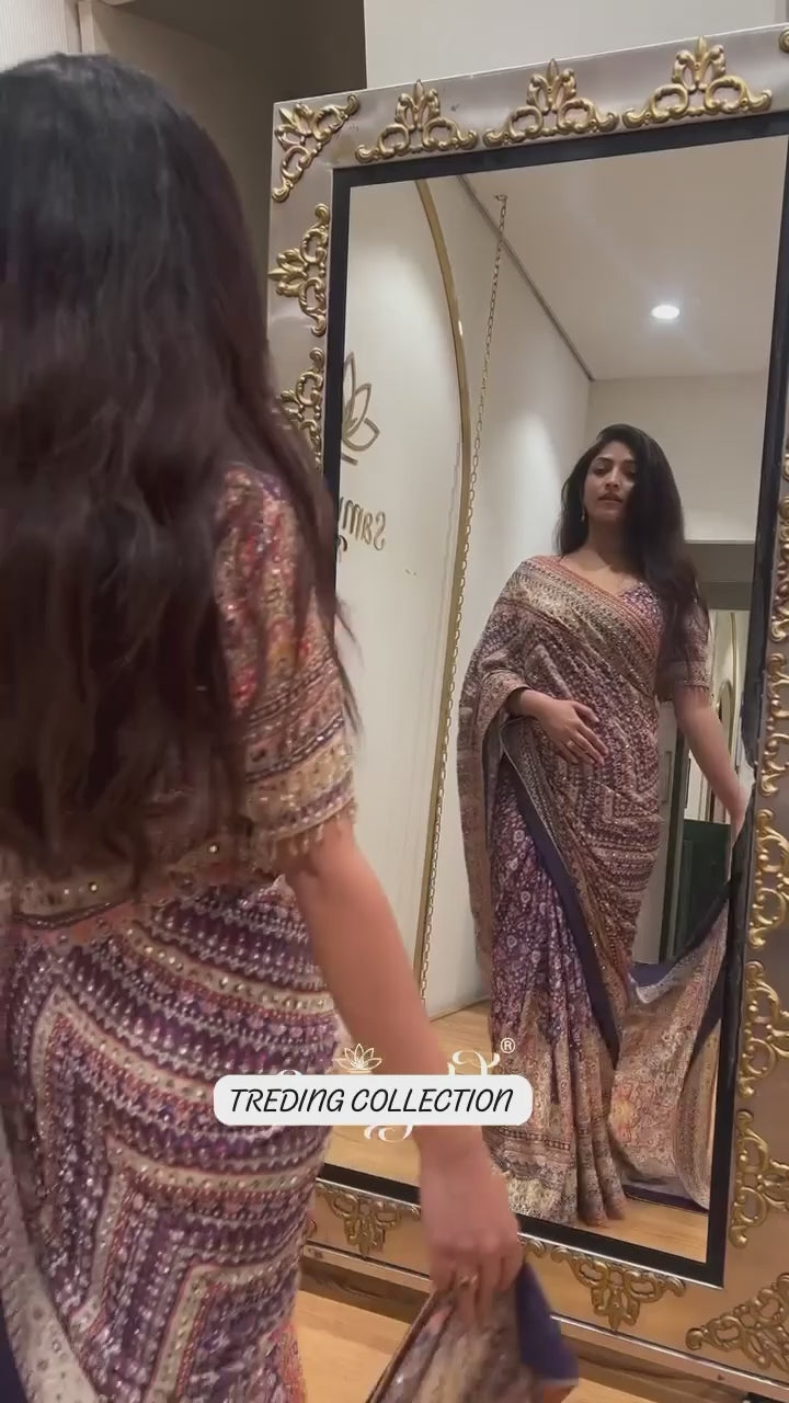 Ruhika Mirror Soft Chinnon with beautiful print saree - PURPLE
