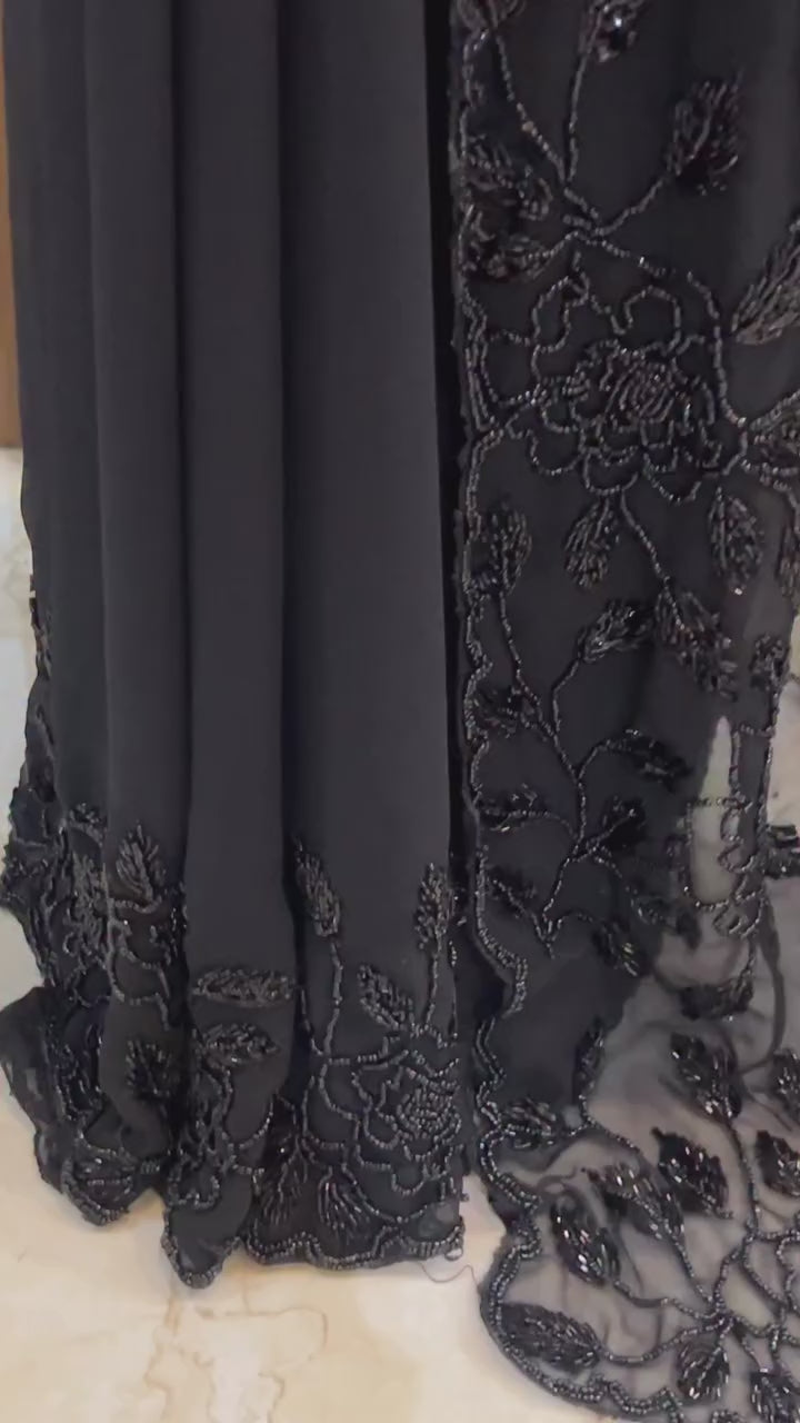 Designer Pure Fox Georgette Saree with Black Beads Work & Cutwork Border