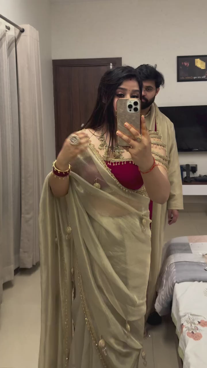 Elegant Fandy Satin Saree with Crystal Moti Lace & Handwork Latkan – Designer Party Wear