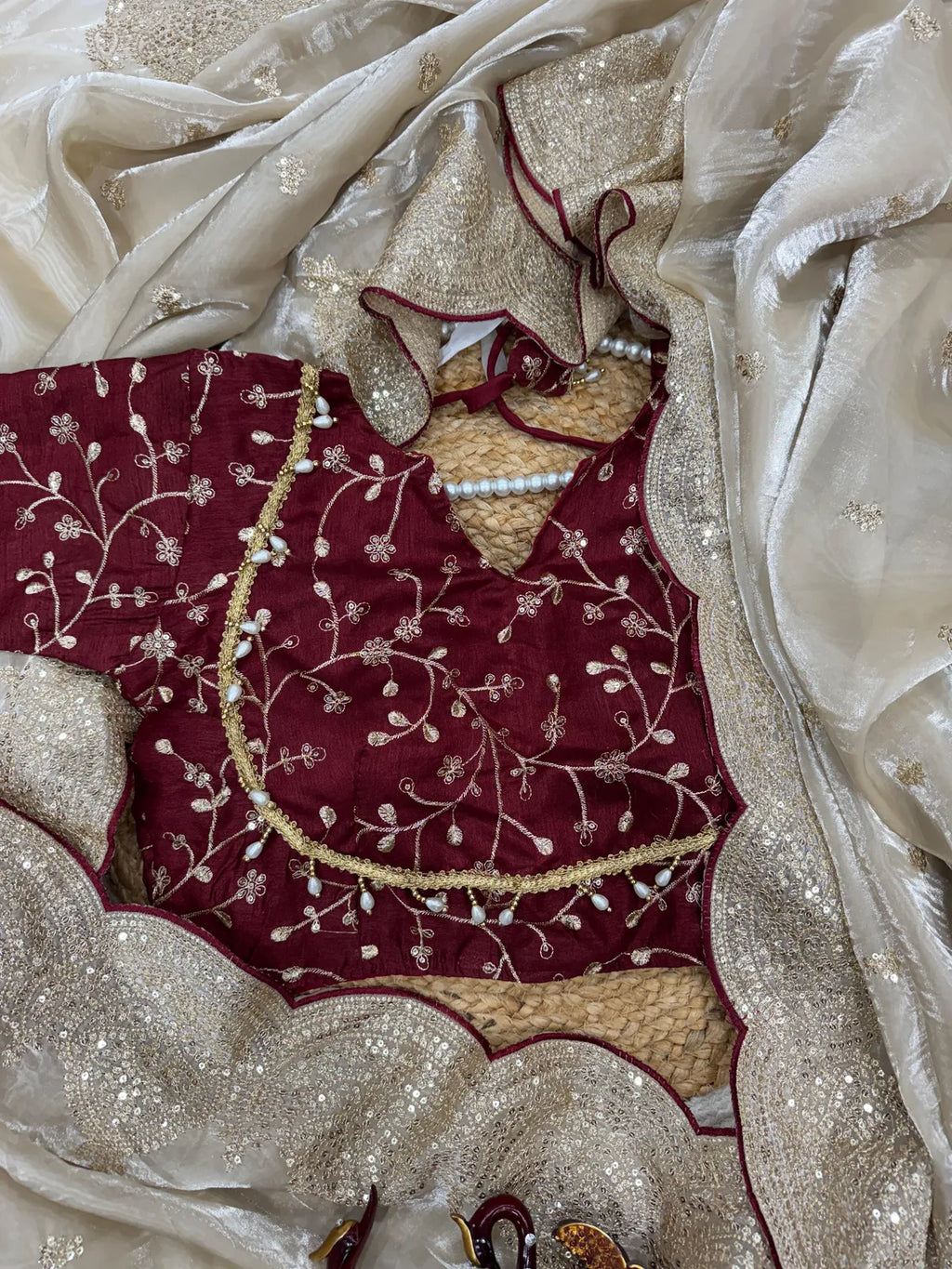 Cream Space Satin Silk Saree With Designer Stitched Blouse
