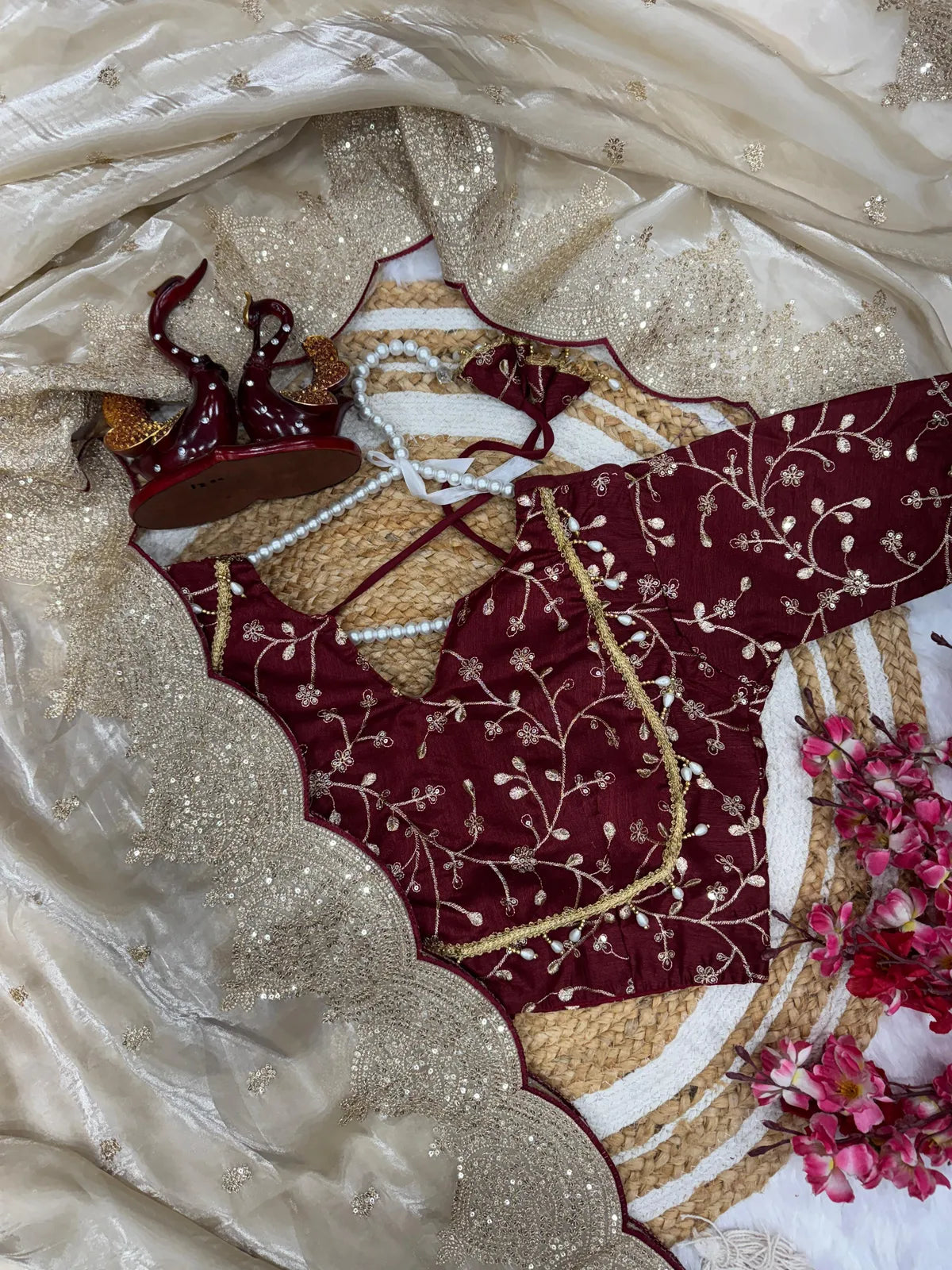 Cream Space Satin Silk Saree With Designer Stitched Blouse