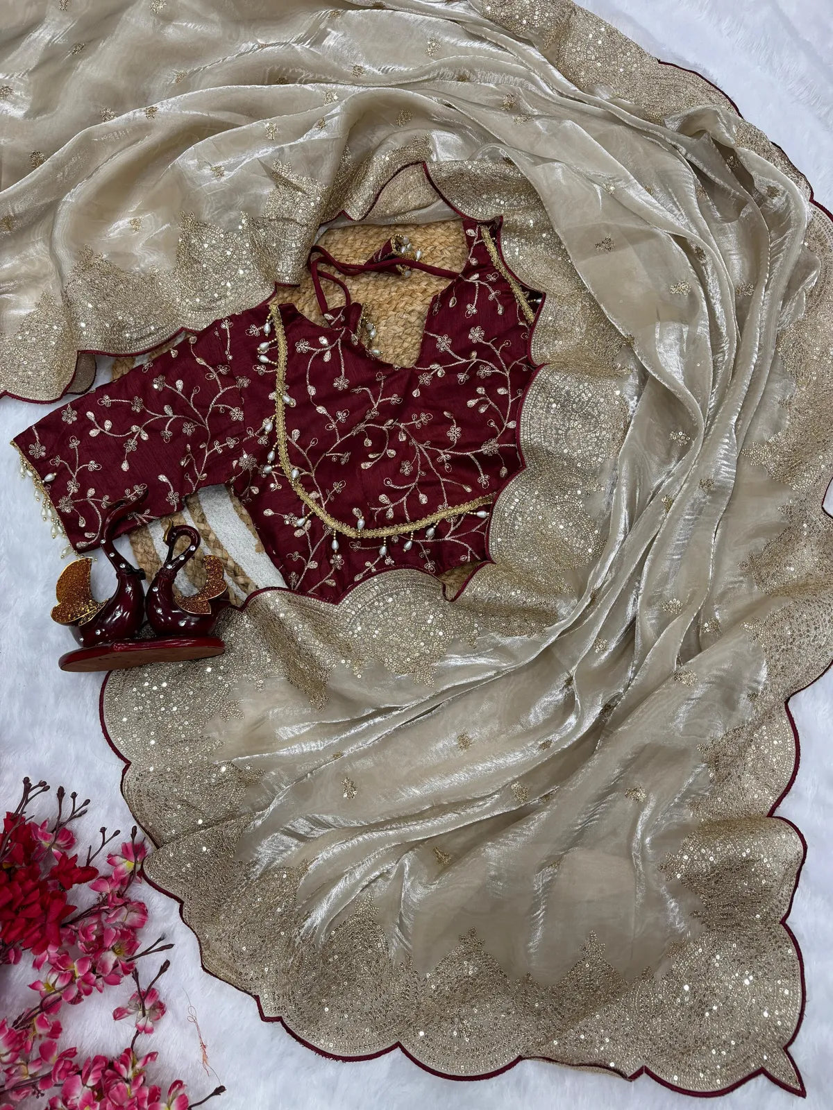 Cream Space Satin Silk Saree With Designer Stitched Blouse