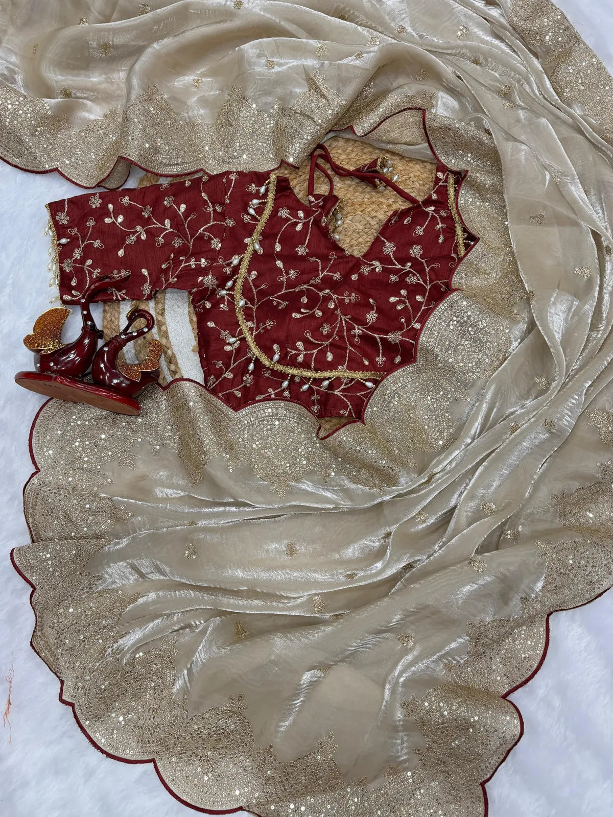 Cream Space Satin Silk Saree With Designer Stitched Blouse