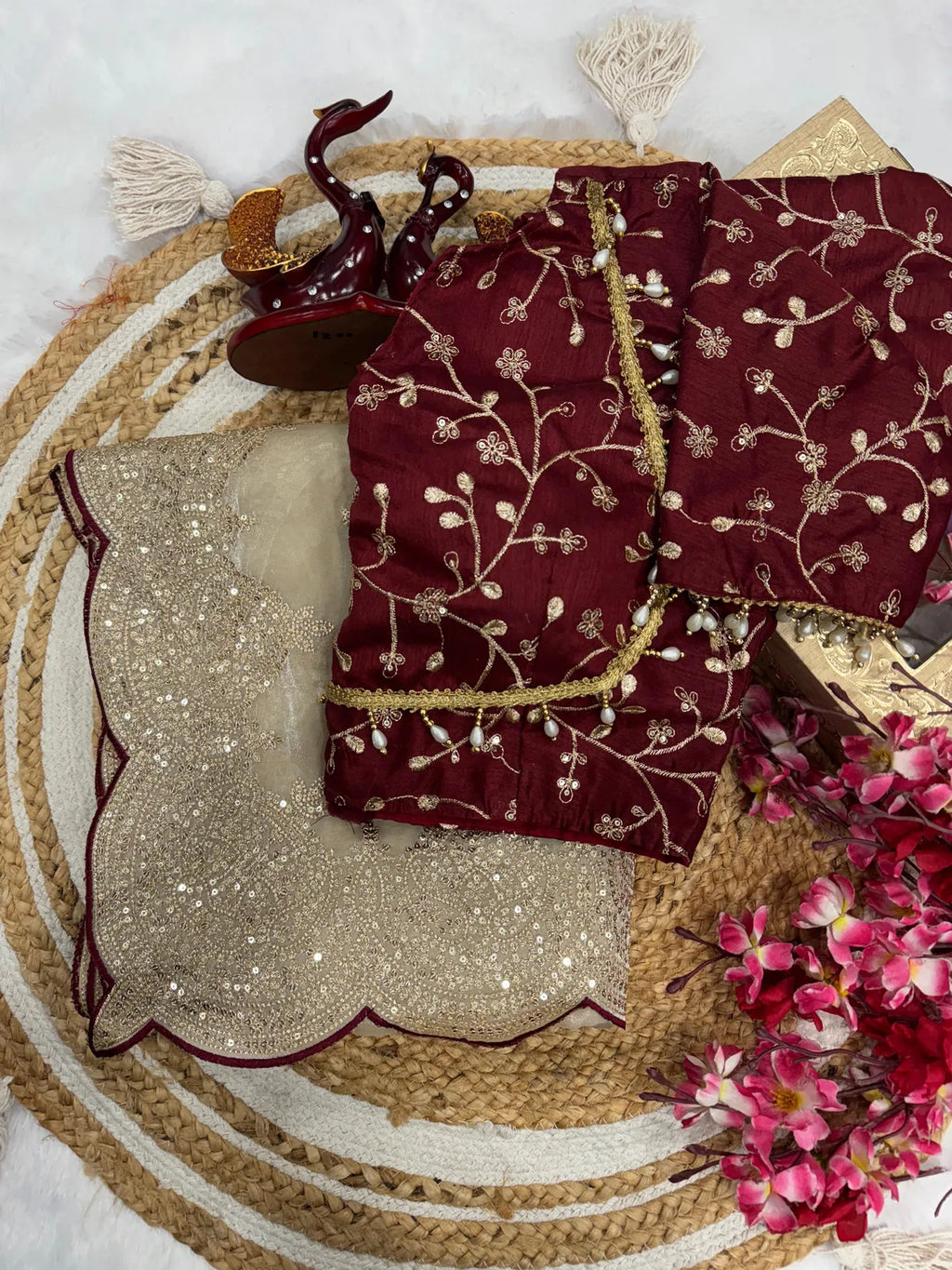 Cream Space Satin Silk Saree With Designer Stitched Blouse