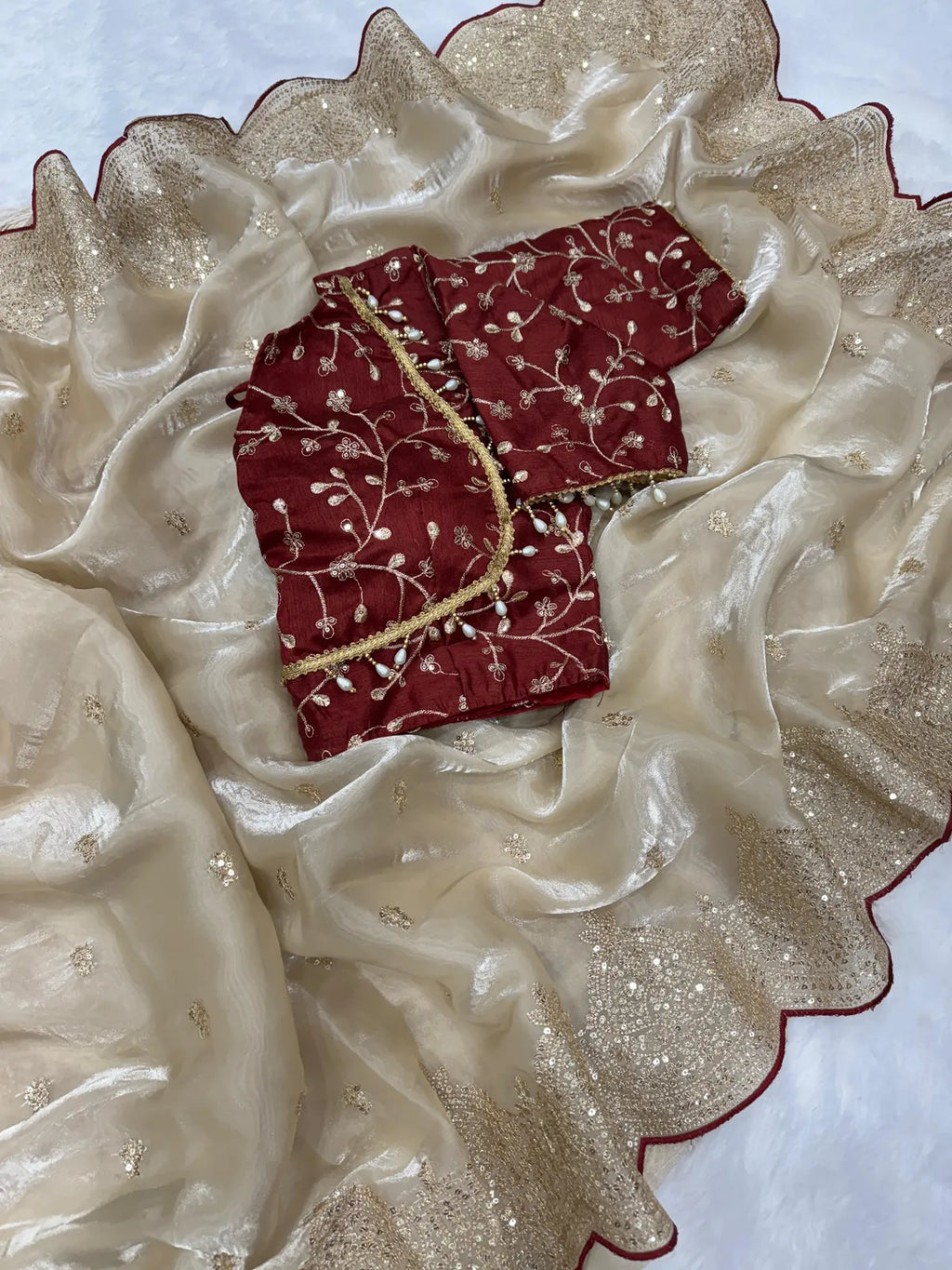 Cream Space Satin Silk Saree With Designer Stitched Blouse